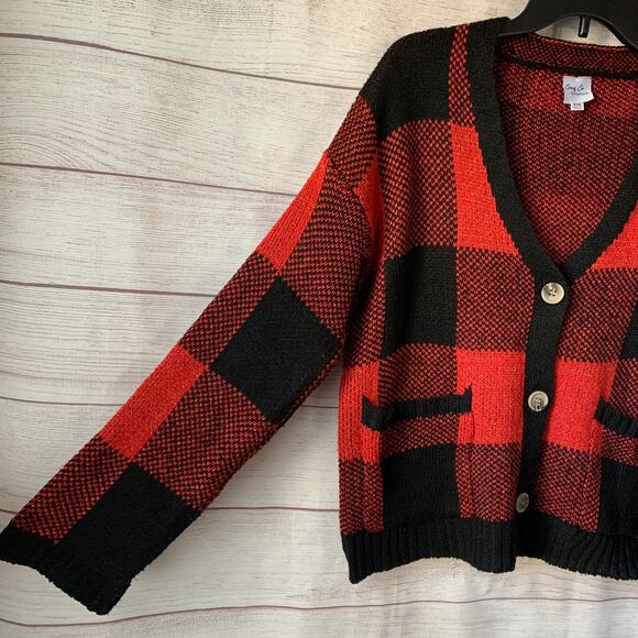 Cozy Co. by Cozy Casual Red and Black Plaid Sweater Cardigan Pockets Size S/M - Picture 4 of 13